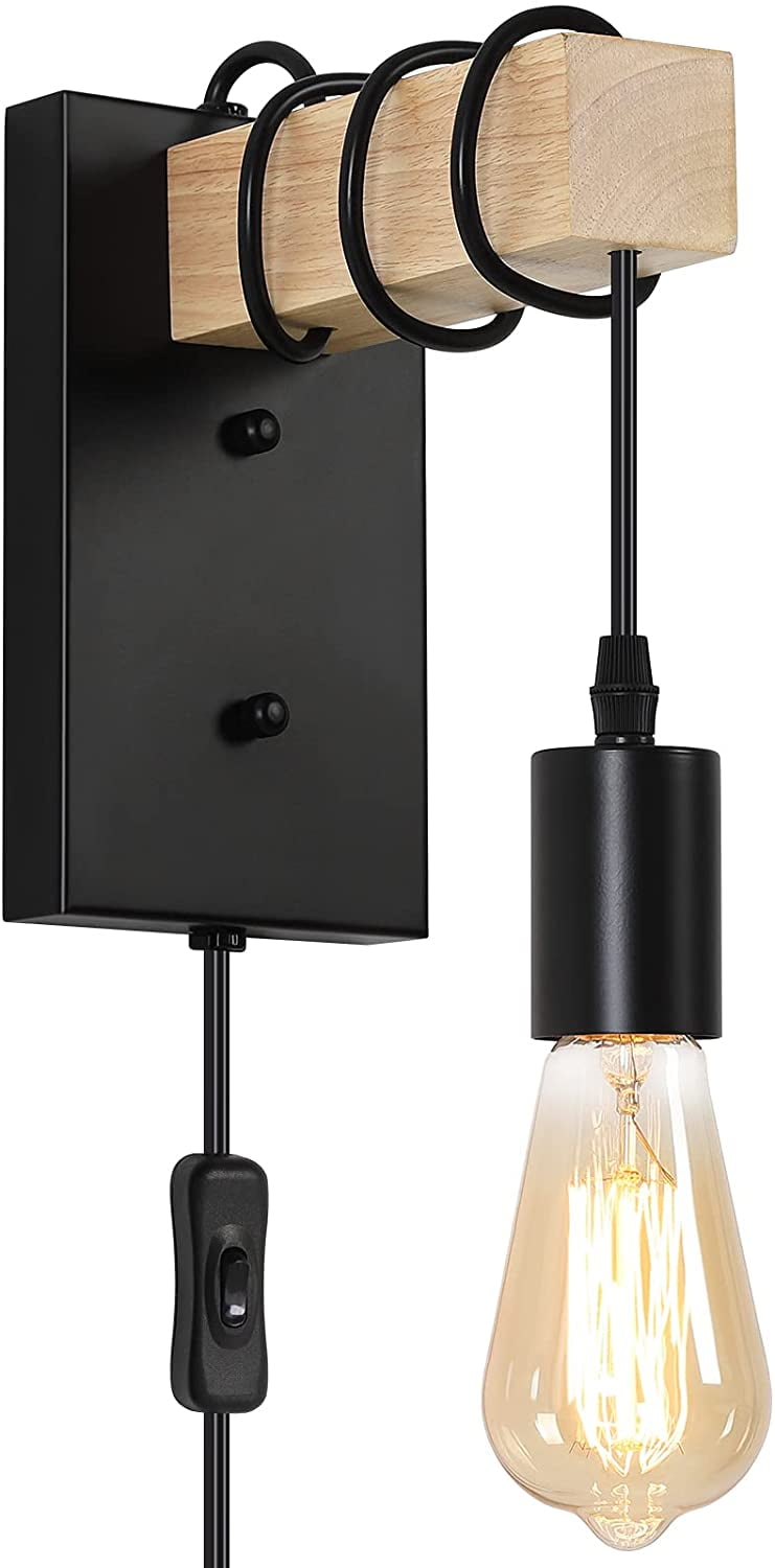 Plug in Wall Sconces, Industrial Wall Lamp with Solid Wood, Plug in or Hardwired Sconce Lighting Fixtures, Edison Vintage Wall Mounted Lighting