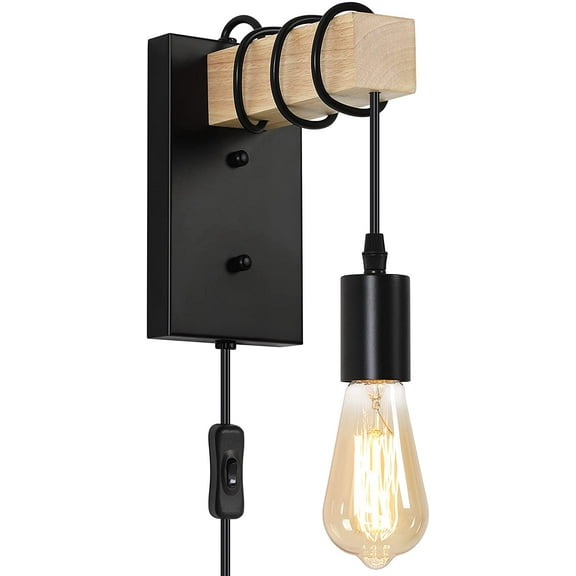 Plug in Wall Sconces, Industrial Wall Lamp with Solid Wood, Plug in or Hardwired Sconce Lighting Fixtures, Edison Vintage Wall Mounted Lighting