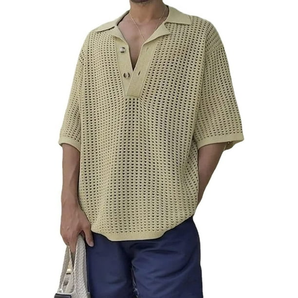 DabuLiu Men Casual Crochet Knit Polo Shirt Short Sleeve Collared T