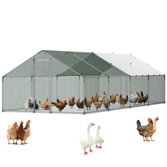VEVOR Large Metal Chicken Coop, 9.8 x 26.2 x 6.6 ft, Walk-in Chicken Runs with Waterproof Cover, Spire Roof Hen House Enclosure with Lock, Outdoor Duck Rabbit Cage Poultry Pen for Backyard, Farm,Yard