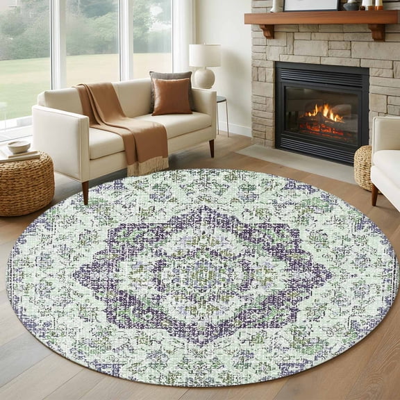 Round Rugs 6Ft, Green Purple Boho Round Area Rug Washable Indoor Throw Carpet, Vintage Abstract Art Floral Ethnic Tribe Soft Non Slip Circle Rug for Office Cabinet Home Decor Aesthetic