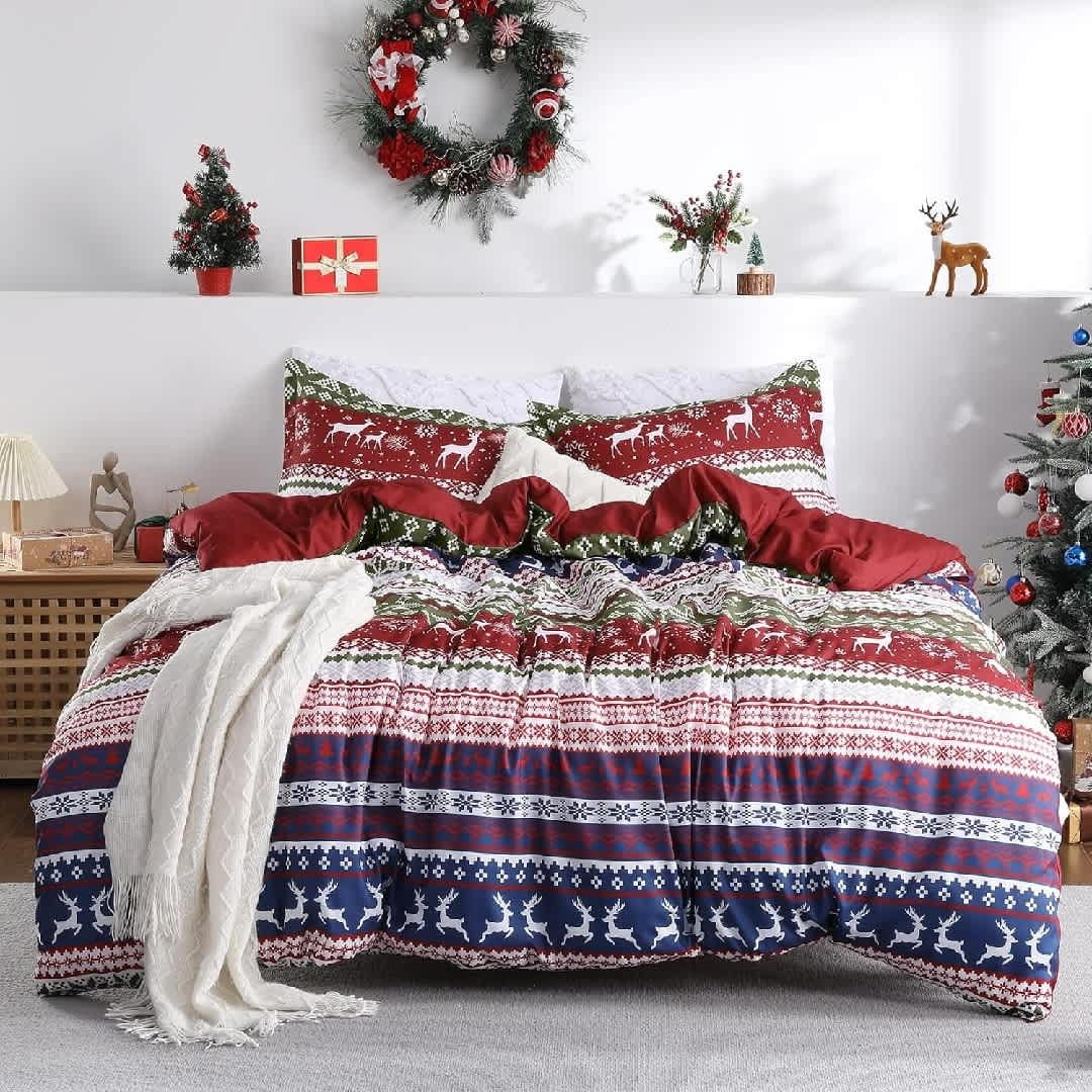 QinaQin King-Size Christmas Duvet Cover Boho Reindeer Print Holiday Bedding Set for Festive Decor
