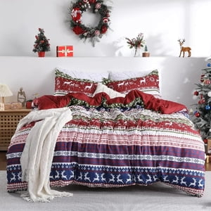 QinaQin King-Size Couverture de couettes de Noël Boho Reindeer Imprimer Ensemble de literie de vacances pour décor festif