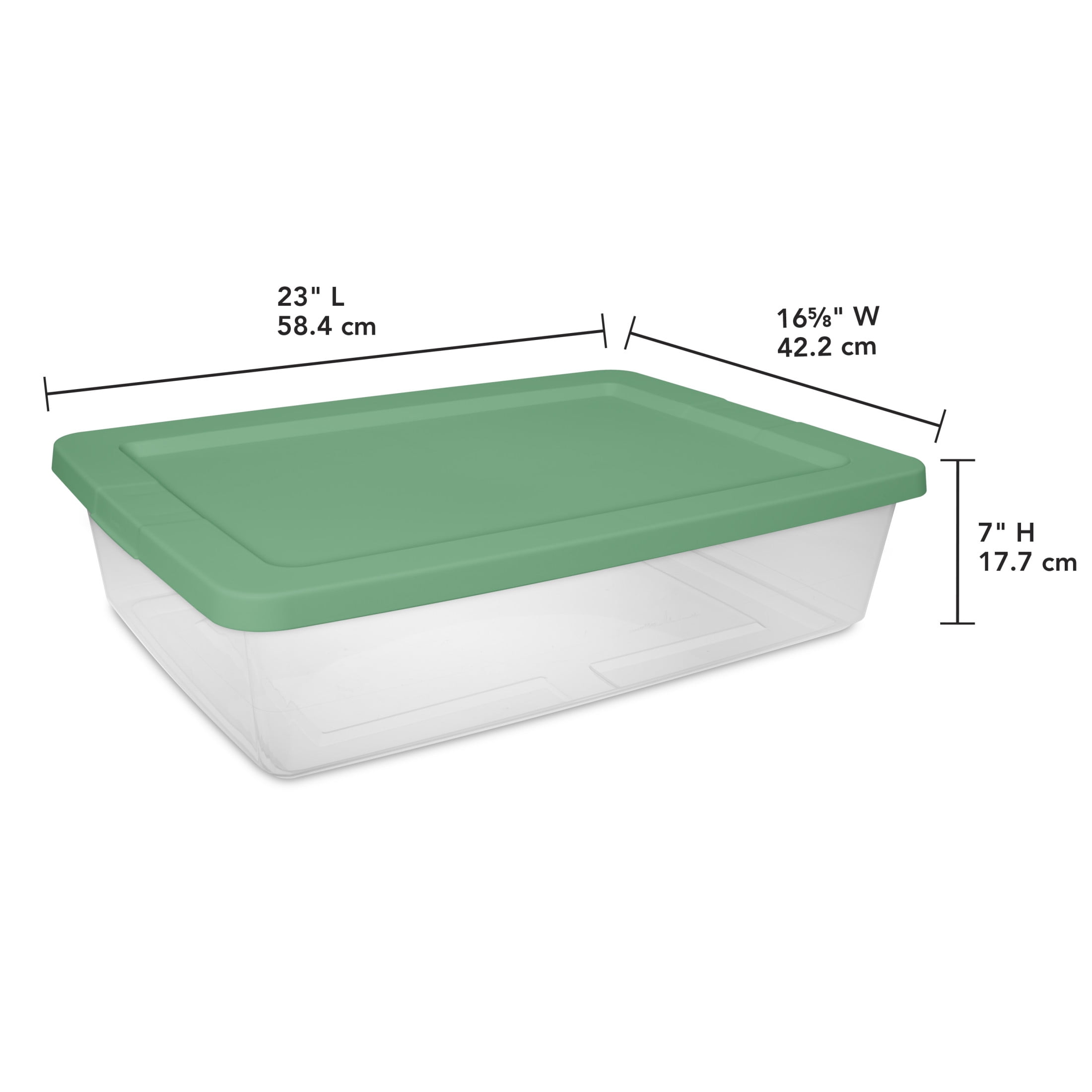 Sterilite, 28 Quart Clear Storage Bin, Snap-on Lid Storage Container, with Green Lid, Set of 2