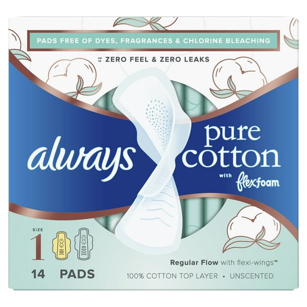 Always Pure Cotton with FlexFoam Pads Regular Absorb, Size 1, 14 Ct