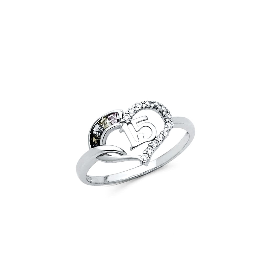 FB Jewels Solid Sterling Silver Rhodium-Plated Polished & Textured CZ Cubic Zirconia Heart Ring 