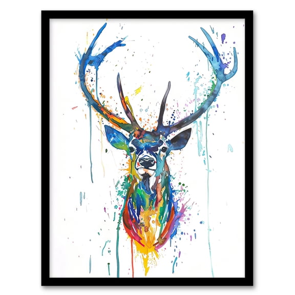 Artery8 Deer Stag Colourful Ink Splat Bright Portrait Living Room Art Print Framed Poster Wall Decor 12x16 inch