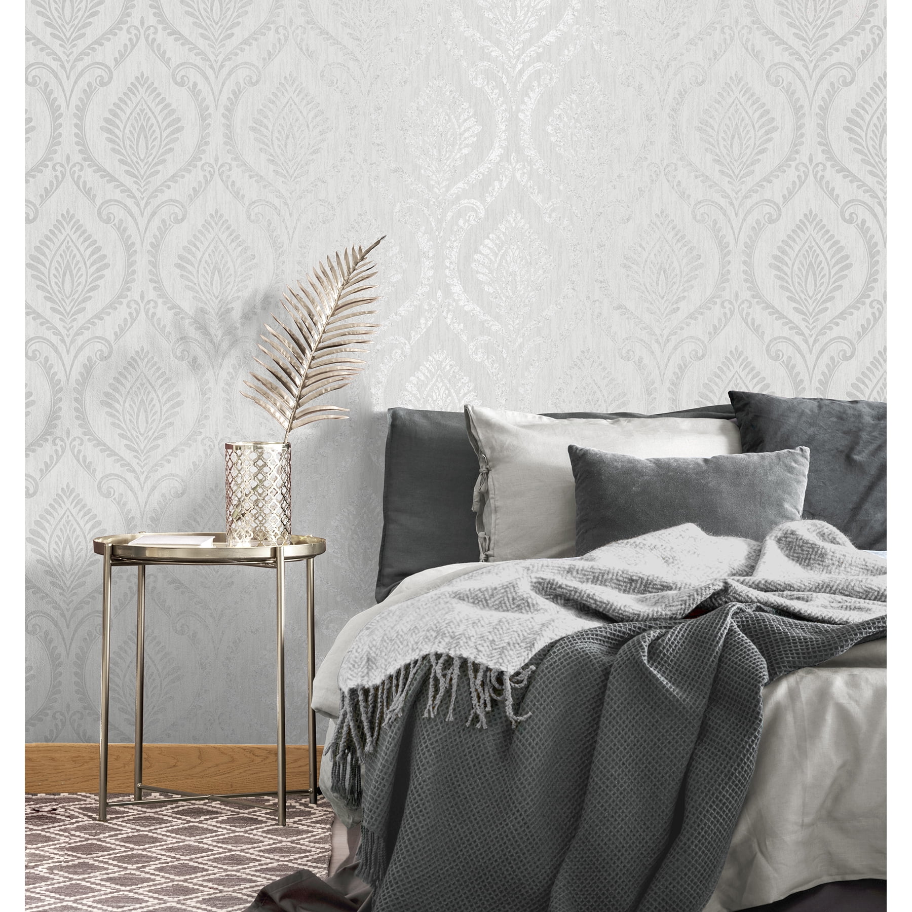 Fine Decor Estelle Grey Damask Wallpaper, 20.5-in by 33-ft