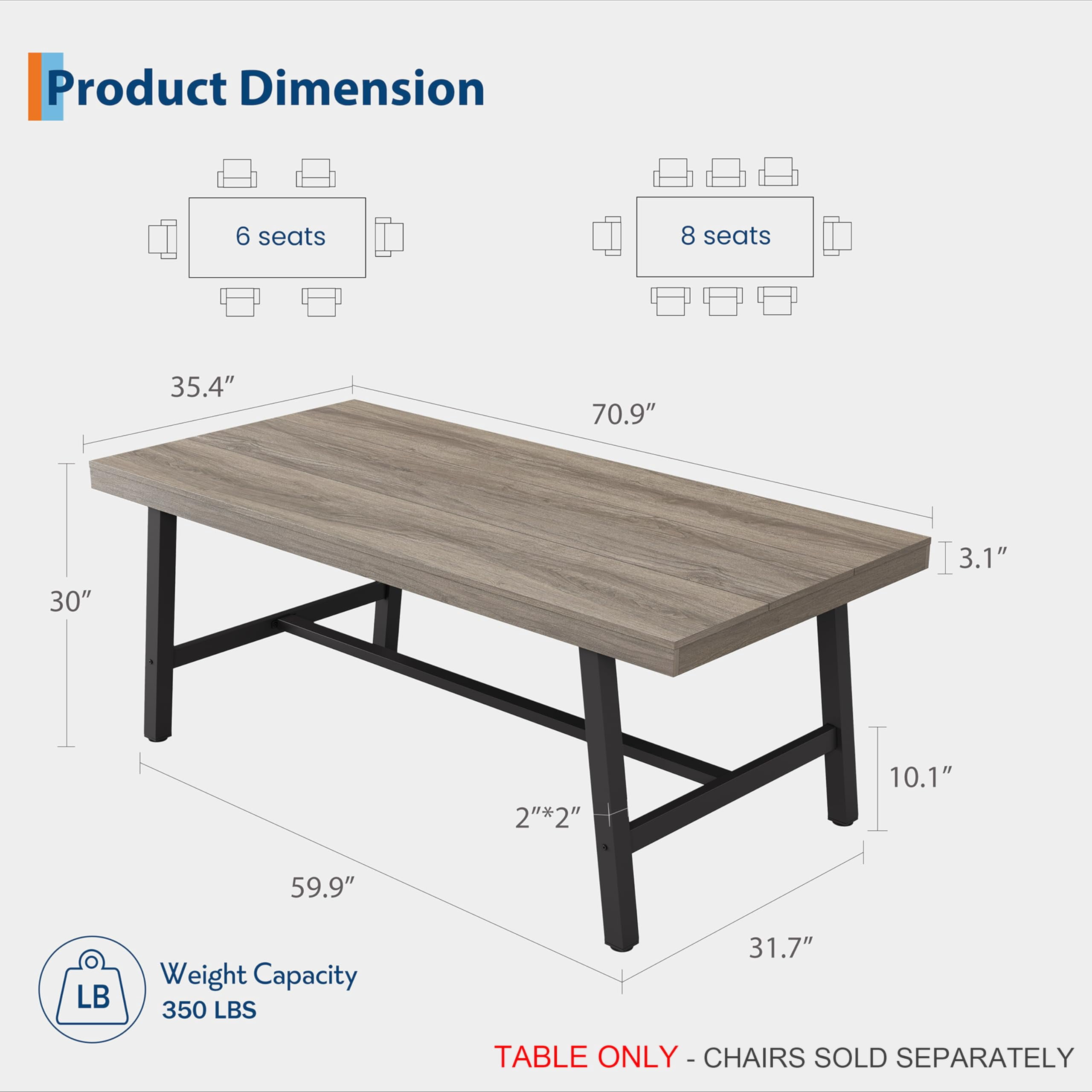 Industrial Dining Table for 6-8 People, 70.87" Long Kitchen Table with Sturdy Metal Frame, Rectangular Counter for Dinner, Kitchen, Dining Room (Grey Walnut, 71" Non-extendable)