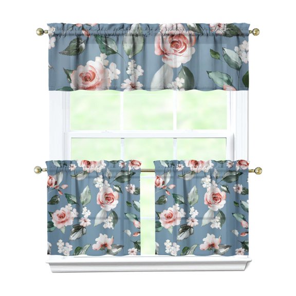 Kitchen Curtains 24 Inch Short - 3 Panel Set, Vintage Floral Butterfly Bee Botanical Print, Rod Pocket Window Curtain for Farmhouse, Modern Rustic, Spring Summer Decor, Easy Wash