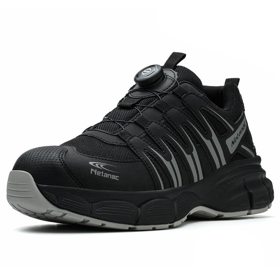Netanac Steel Toe Shoes for Men Women, Lightweight Wide Work Shoes,Comfortable Breathable Safety Sneakers,Durable Soft Sole, Black&Gray,Size6.5
