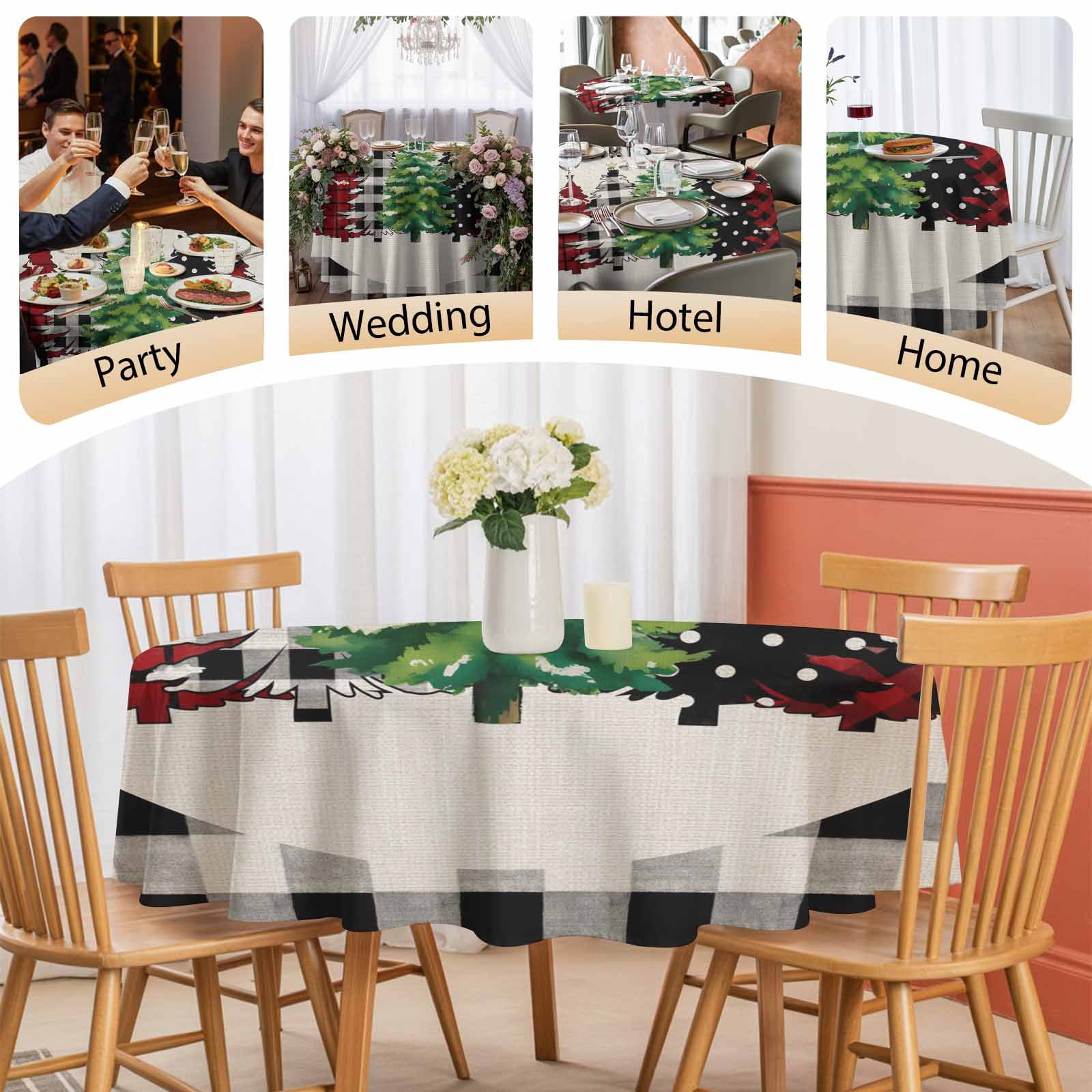 Round Tablecloth Merry Christmas Waterproof Oil Proof Polyester Table Cloth Cover Decor for Home Dining Outdoor,Patio,Parties, 60" Dia. Farmhouse Plaid Christmas Tree