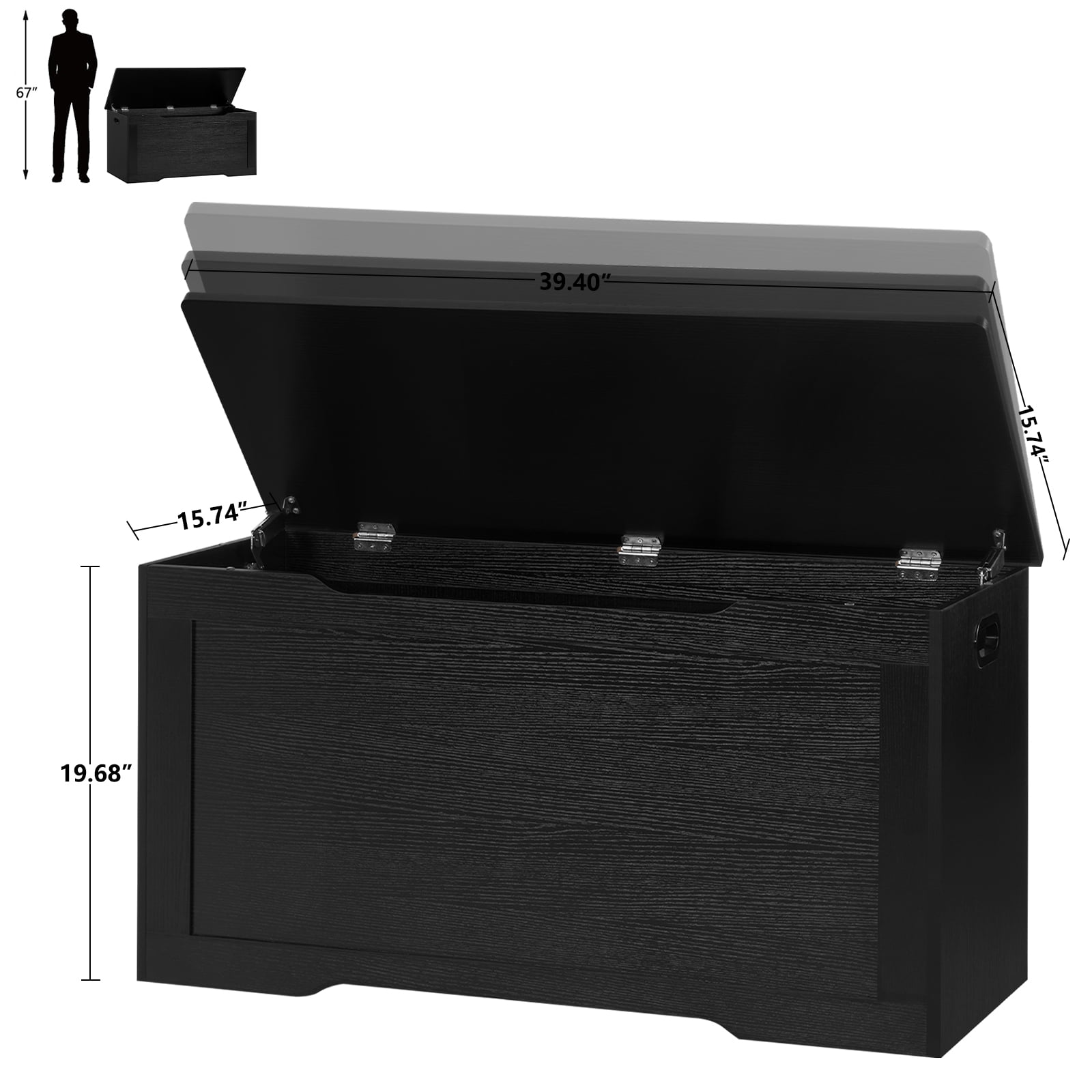 39.4” Storage Chest, Toy Chest, Toy Storage Box with 2 Safety Hinges, Lift Top Wooden Storage Chest, Storage Bench, for Living Room, Bedroom, Entryway, Black
