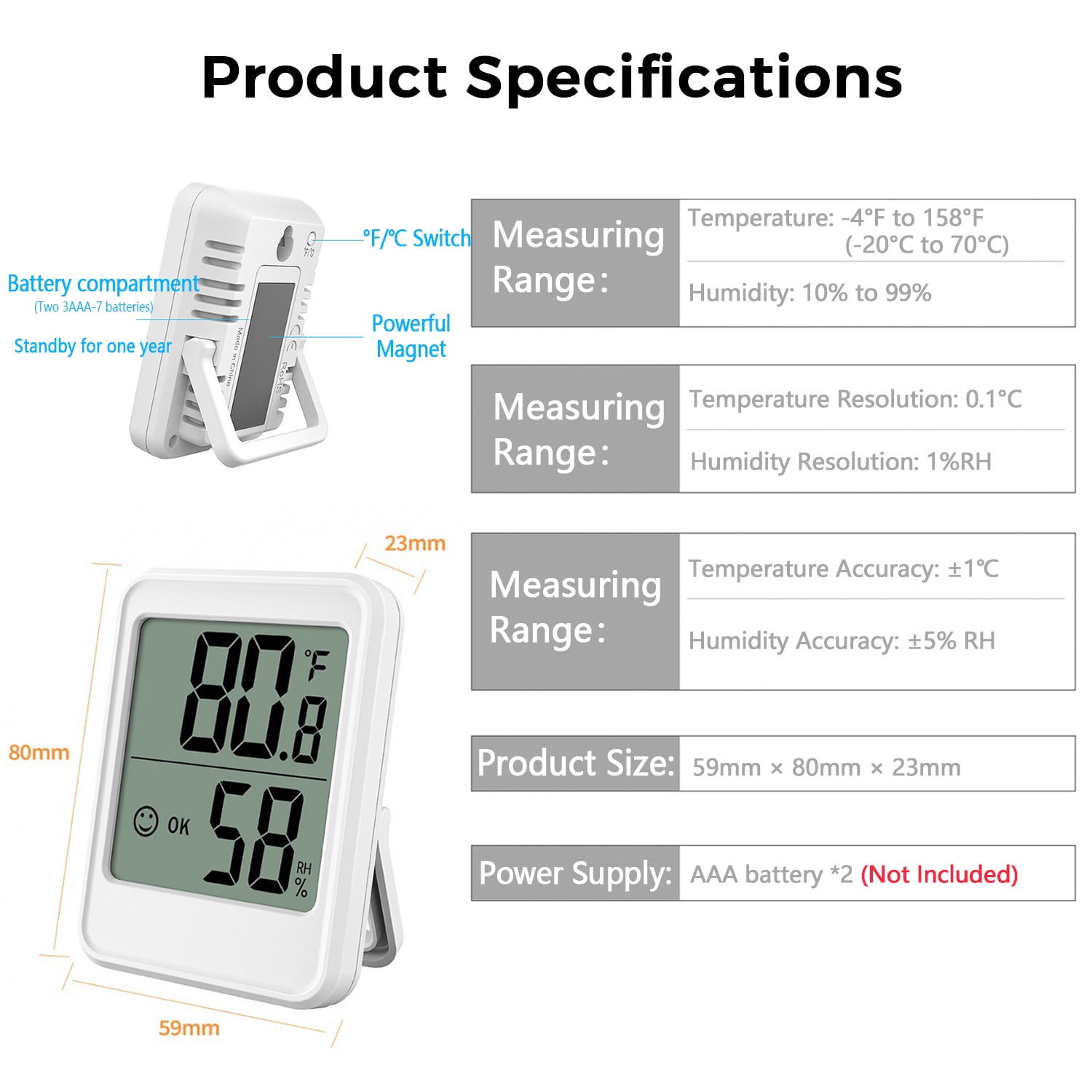 Meamaz 2-Piece Magnetic Digital Humidity Thermometer - °C/°F Convertible, Comfort Reminder, Stand/Hang Options for Home, Kitchen & Ba-by Room