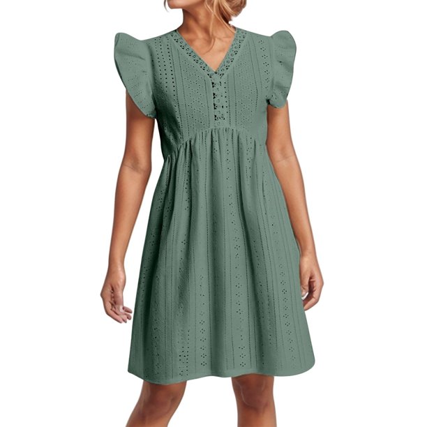 Vestido informal de color liso para mujer con mangas colgantes de encaje y mini falda - Poliéster, diseño con volantes y cuello en V, apto para mujeres embarazadas