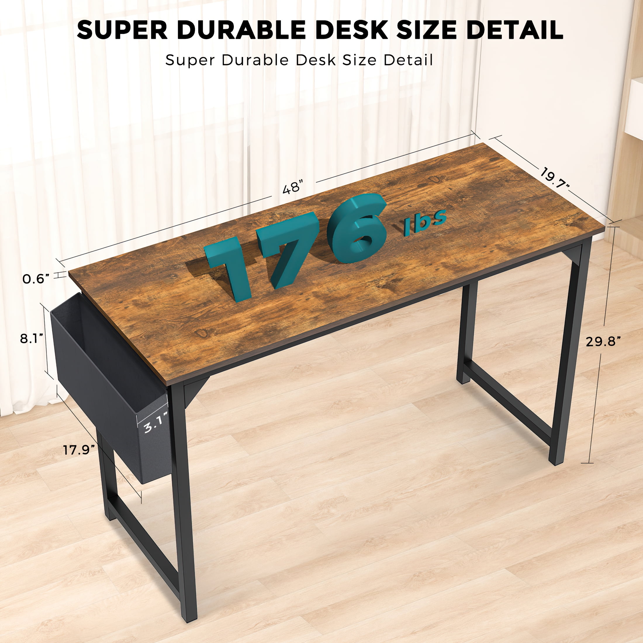 edx Computer Desk and Home Office Chair Set, 47 Inch Writing Table with Storage Bag & Armless Mesh Desk Chair For Home, Rustic Brown