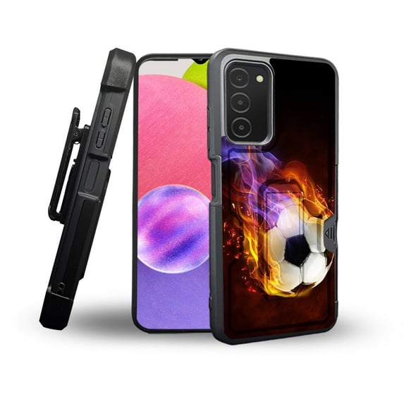 ANJ+ Rugged Shockproof Holster Case Card Slot Kickstand + Tempered Glass Cover for Samsung Galaxy A03s - Fiery Soccer Ball