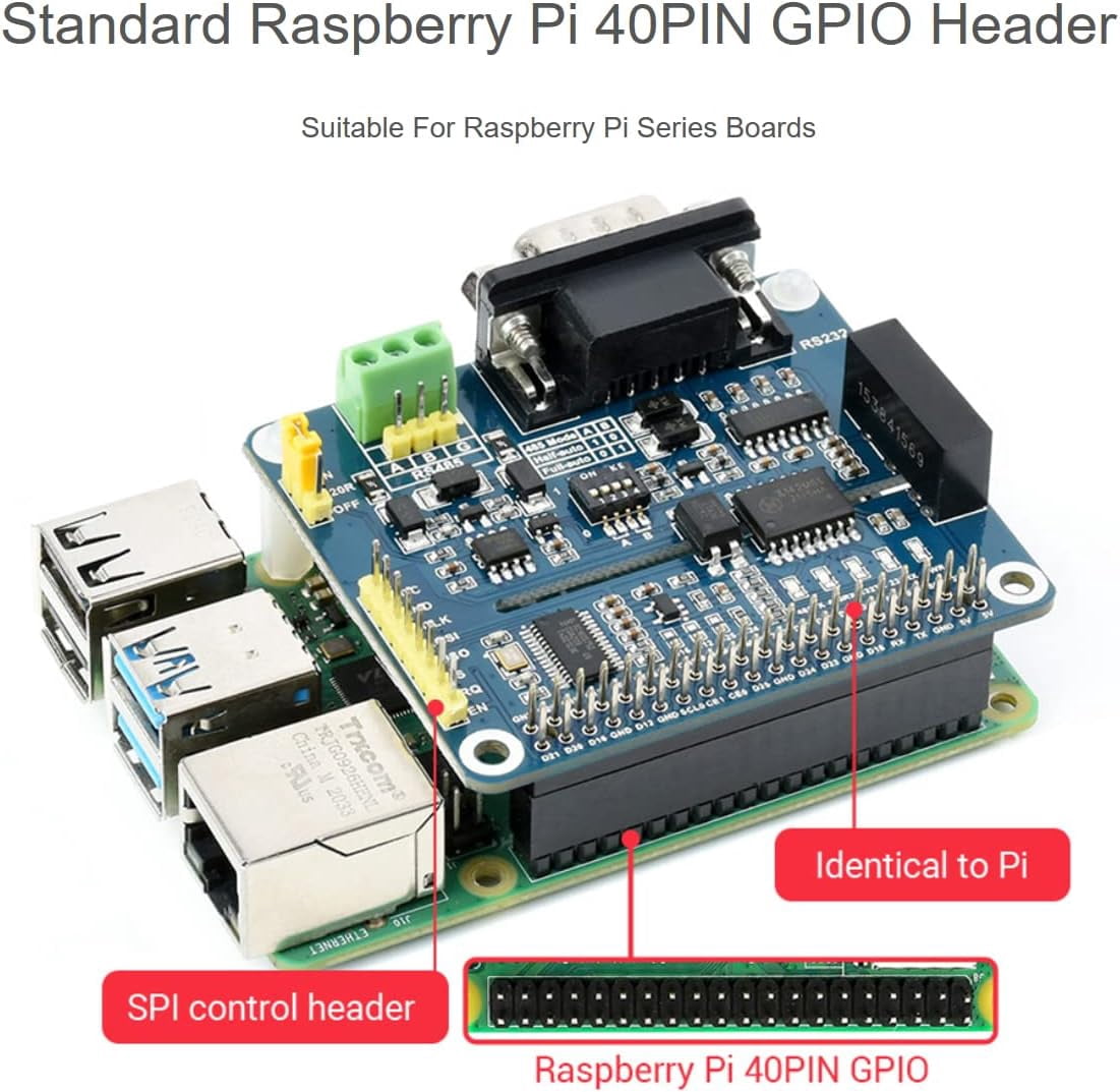 RS485 RS232 HAT for Isolated RS485 RS232 Expansion Board Adopt SC16IS752+SP3485, SP3232 Scheme, Converts SPI to RS485, RS232, Communication Rate up to 921600bps, Multi Protection Circuits