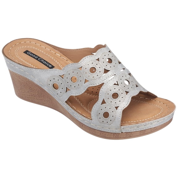 GC Shoes Womens Open Toe Wedge Sandals, Summer Platform Heels, Low Heeled Cutout Strap Slide On Wedges, April/Bronze/Size 6.5