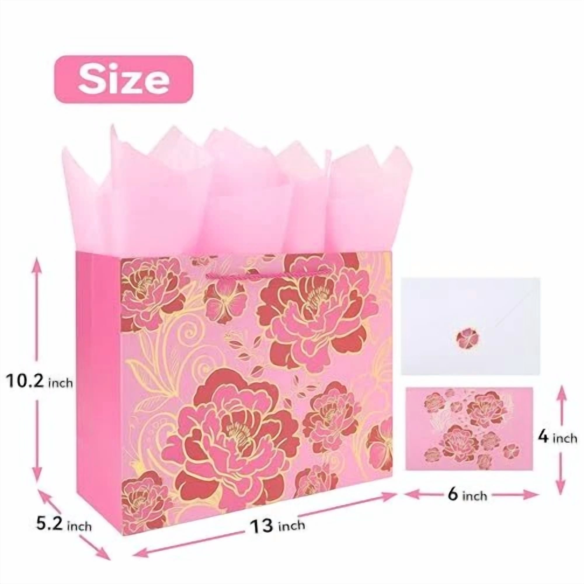 BUTTERFLY- 13" Large Gift Bag Set With Greeting Card And Tissue Paper(Foil Rose Pink