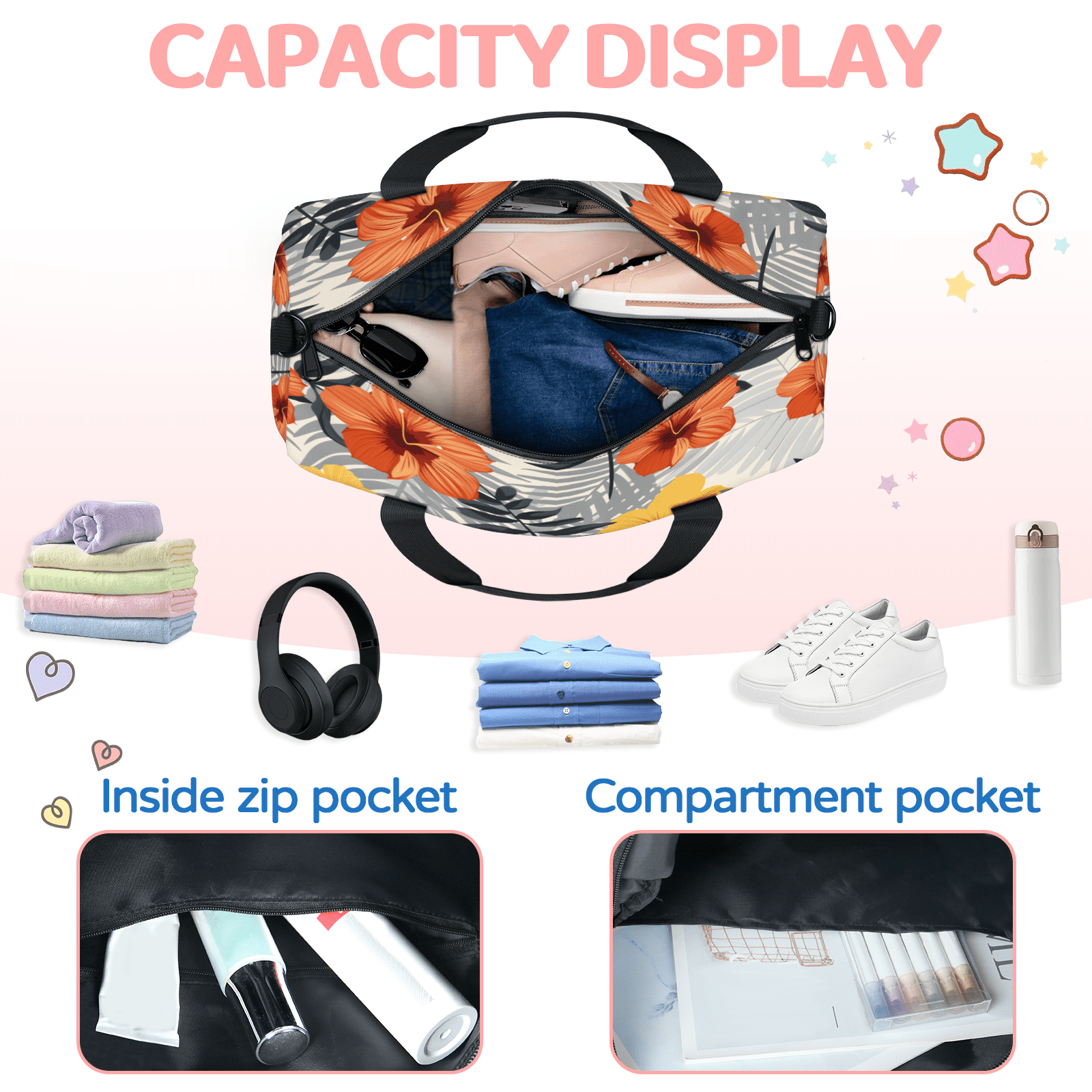 Herdesigns Tropical Leaves Flower Gym Bag for Women, Duffle Bag for Travel Sport, Floral Lightweight Waterproof Carry on Weekender Dance Yoga Workout Bags