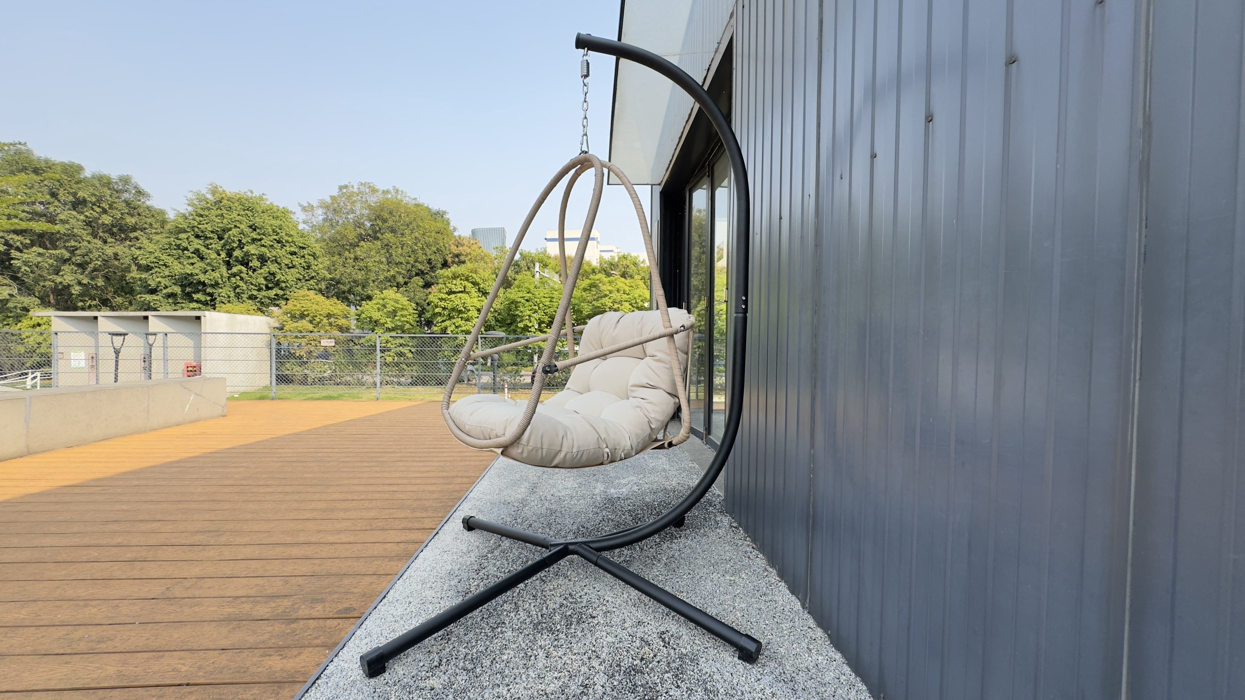 Swing Egg Chair with Stand, Wicker Rattan Hanging Chair with Cushion Pillow for Indoor Outdoor Patio Garden Balcony, Beige Brown