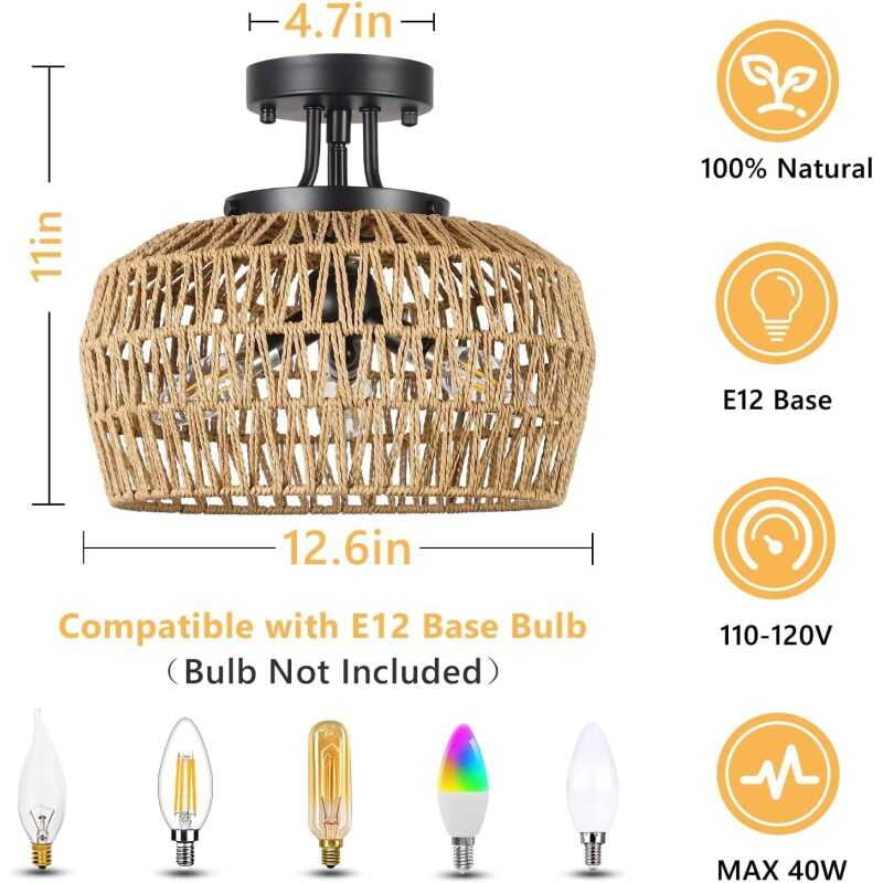 Semi Flush Light, Rattan Fixture Mount with Handmade Wicker Lampshade, 3-Lights Boho Chandelier, Woven Close to Ceiling Light for Bedroom Hallway Living Room Kitchen