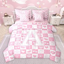 Feelyou Cartoon Monogrammed A Twin Bedding Sets 7-Piece, Fashion Checkered Abstract Bedding Comforter Set, Teens Kids Girls Women Reversible Sheet Sets, Breathable Home Decor