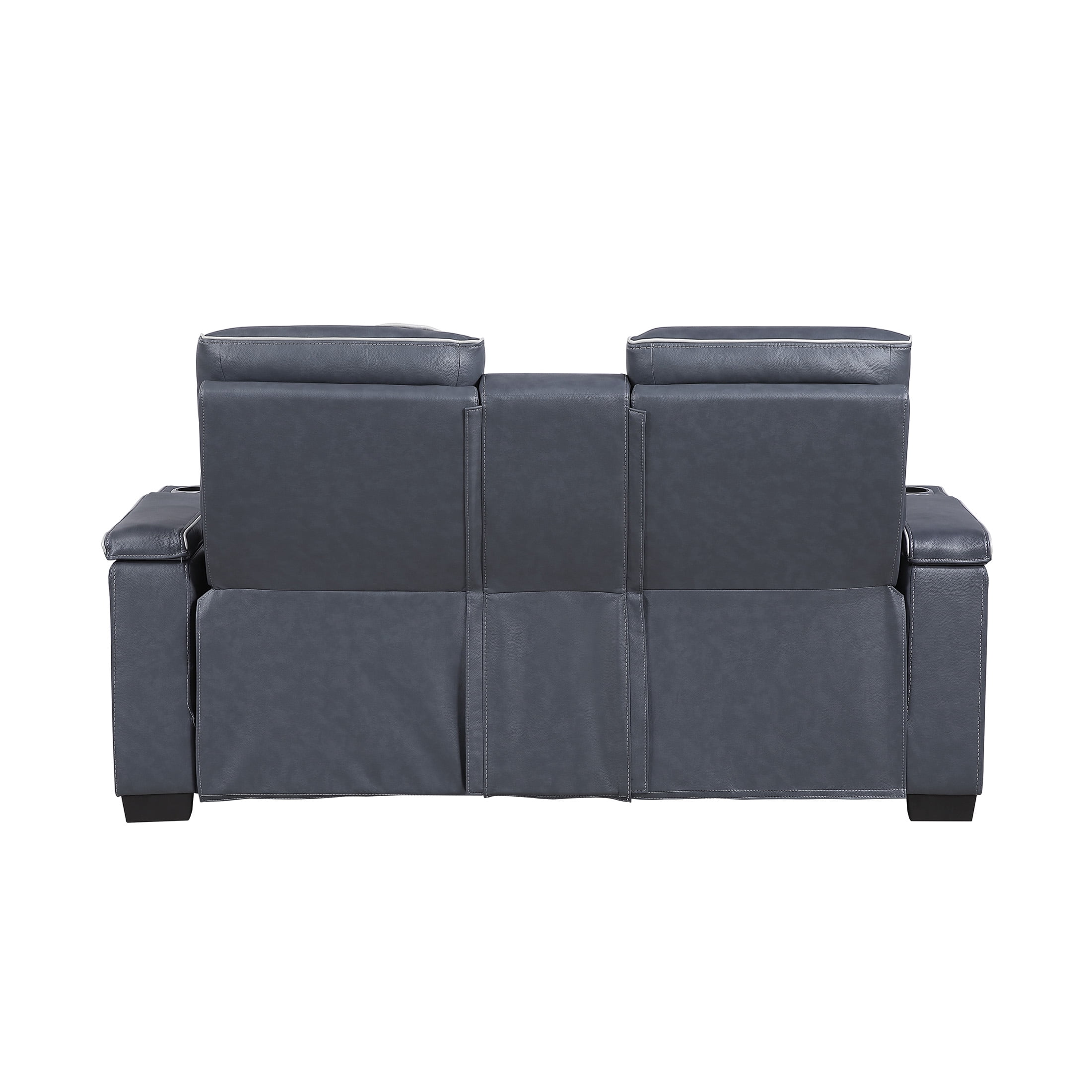 OakvillePark Elantra Leather Match Power Double Reclining Love Seat with Center Console/Power Headrests/Storage Arms/Cup Holders/Wireless speakers/Air Massage/Heat/LED Lighting/Charging Ports, Blue