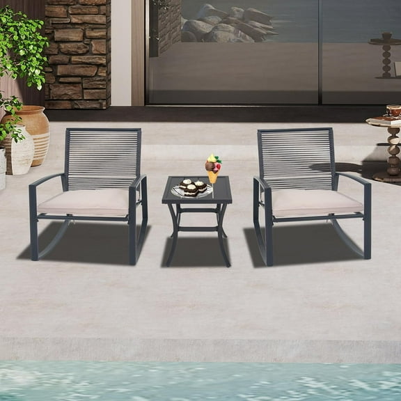 Domi Outdoor 3-Piece Wicker Patio Rocking Chair Set with Cushions and Coffee Table, All-Weather Conversation Furniture for Balcony, Backyard, or Pool, Beige