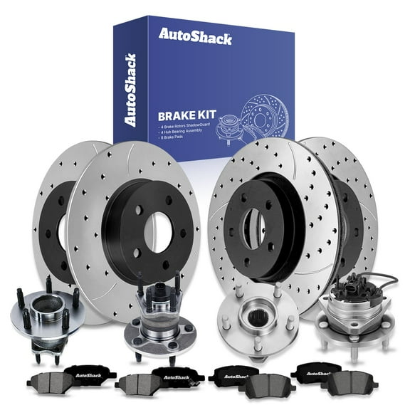 AutoShack Front Vented & Rear Solid Drilled & Slotted E-Coated Brake Rotors   Premium Ceramic Pads   Hub Bearing Assembly 16-PC Brake Kit Replacement for 2004-2012 Chevrolet Malibu ShadowGuard