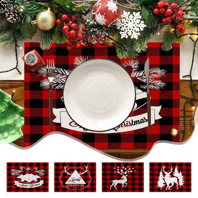 Nsxcdh Napperons de Noël en Lin Isolés Thermiquement 17.72x12.99 Po Antidérapants Imperméables Lavables Rouges pour Décoration de Table de Fête Cuisine Maison Cadeaux de Noël pour Petits Enfants
