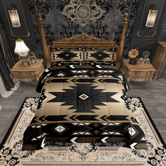 Southwestern Comforter Set Full Bohemian Geometric Quilt,Ethnic Tribal Arrow Bedding Set Western Duvet Insert Country Decor,Geometry Diamond Triangle Exotic Aztec Boho Decor,Black Brown
