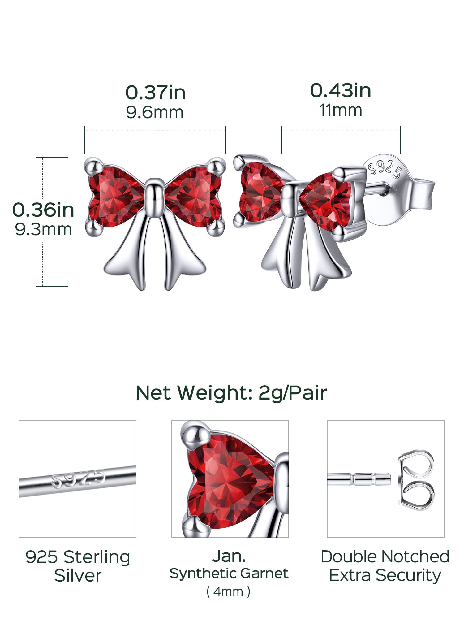 ChicSilver 925 Sterling Silver Stud Earrings Hypoallergenic Created Garnet Stud Earring Red Bow Earring January Birthstone Earrings for Women