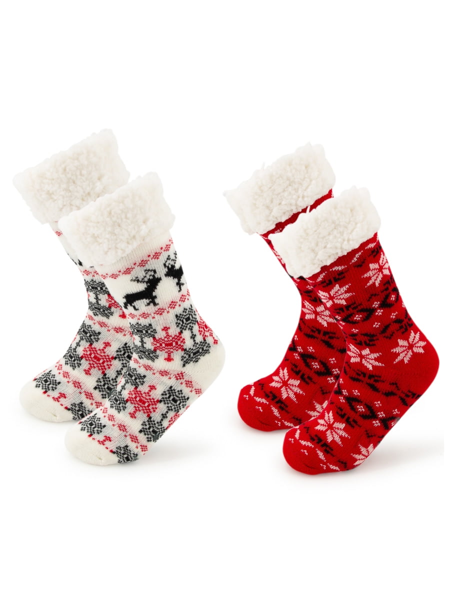 2 Pack Thermal Lined Sherpa Socks Knit Fleece By DG Hill Treehouse Knits Kids Fuzzy Socks Kids Slipper Socks Grippers 