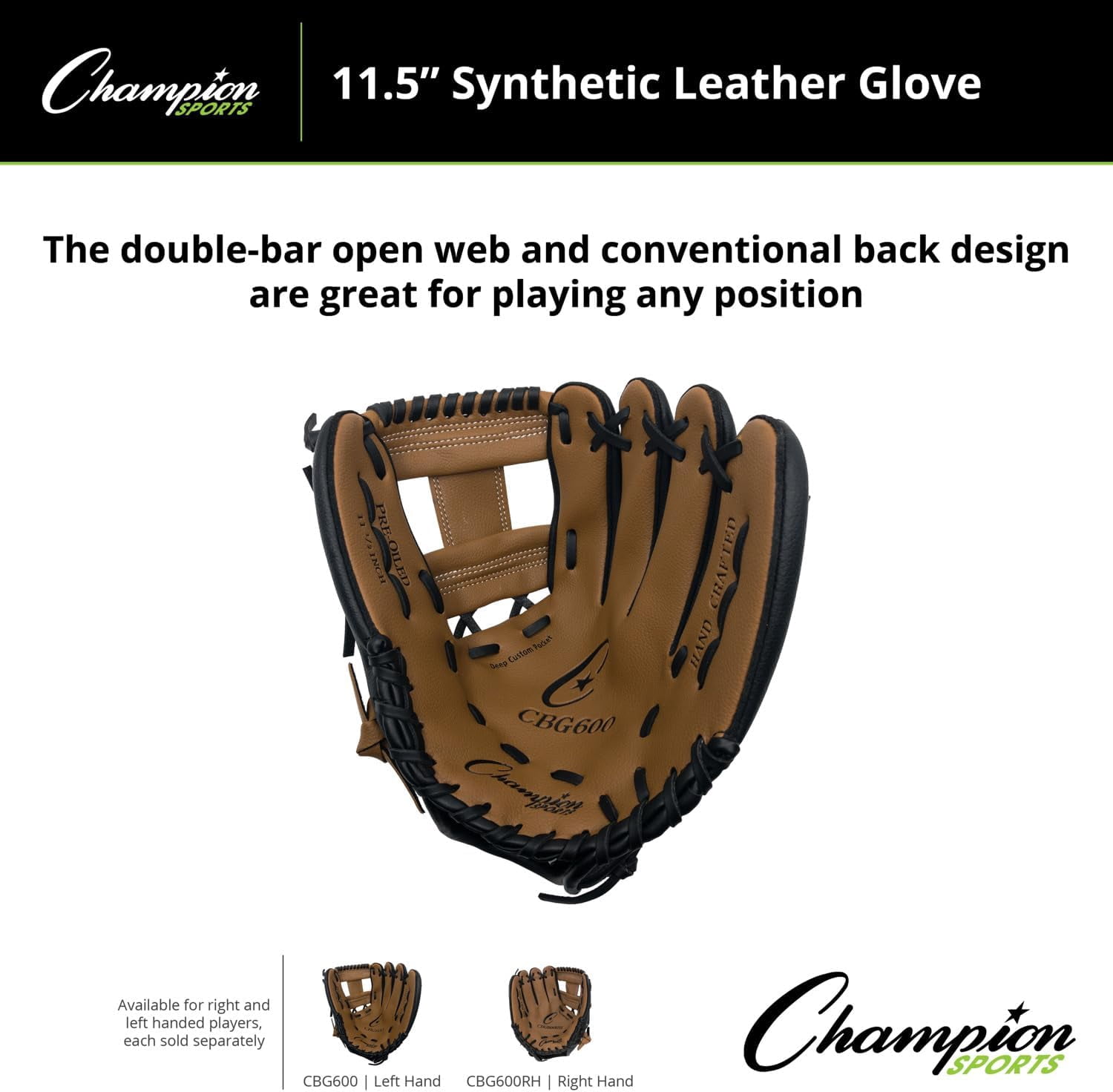 Champion Sports 12" Glove | Synthetic Leather Back and Front | Triple Bar Open Web and Conventional Back Design | Deep Set Pocket | Age: Adult Large-H.S. | Left-Handed Glove
