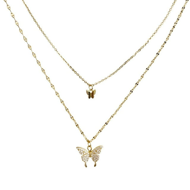 Nouveau Collier Double Papillon Brillant pour Dames Chaîne Clavicule Double Couche