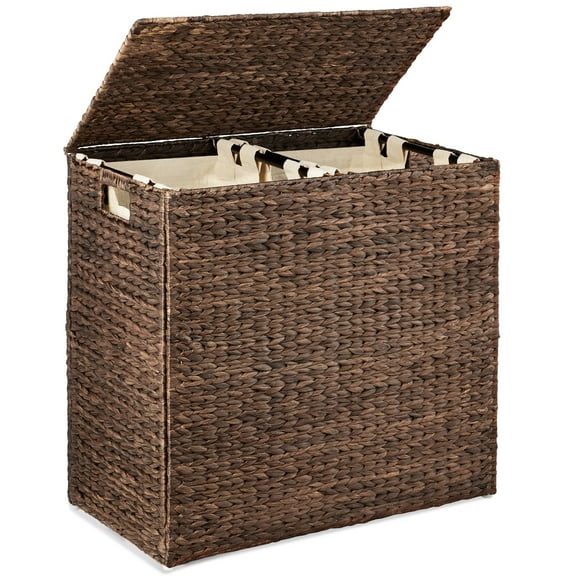 Best Choice Products XL Natural Woven Water Hyacinth Double Laundry Hamper Basket w/ 2 Liner Bags, Handles - Espresso