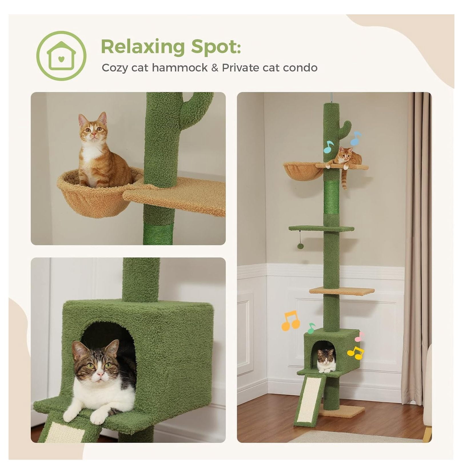 Floor to Ceiling Cat Tree, Tall Cat Tower Adjustable 83-108", 5 Levels for Indoor Cats - Condo, Hammock, Scratching Posts - Green