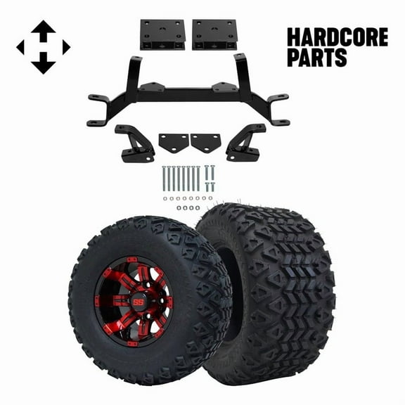 Hardcore Parts 4" Drop Axle Lift Kit for EZGO TXT/PDS (1994.5-2001.5) Gas Golf Cart with 10" Red/Black 'TEMPEST' Wheels and 20"x10"-10" DOT rated All-Terrain tires