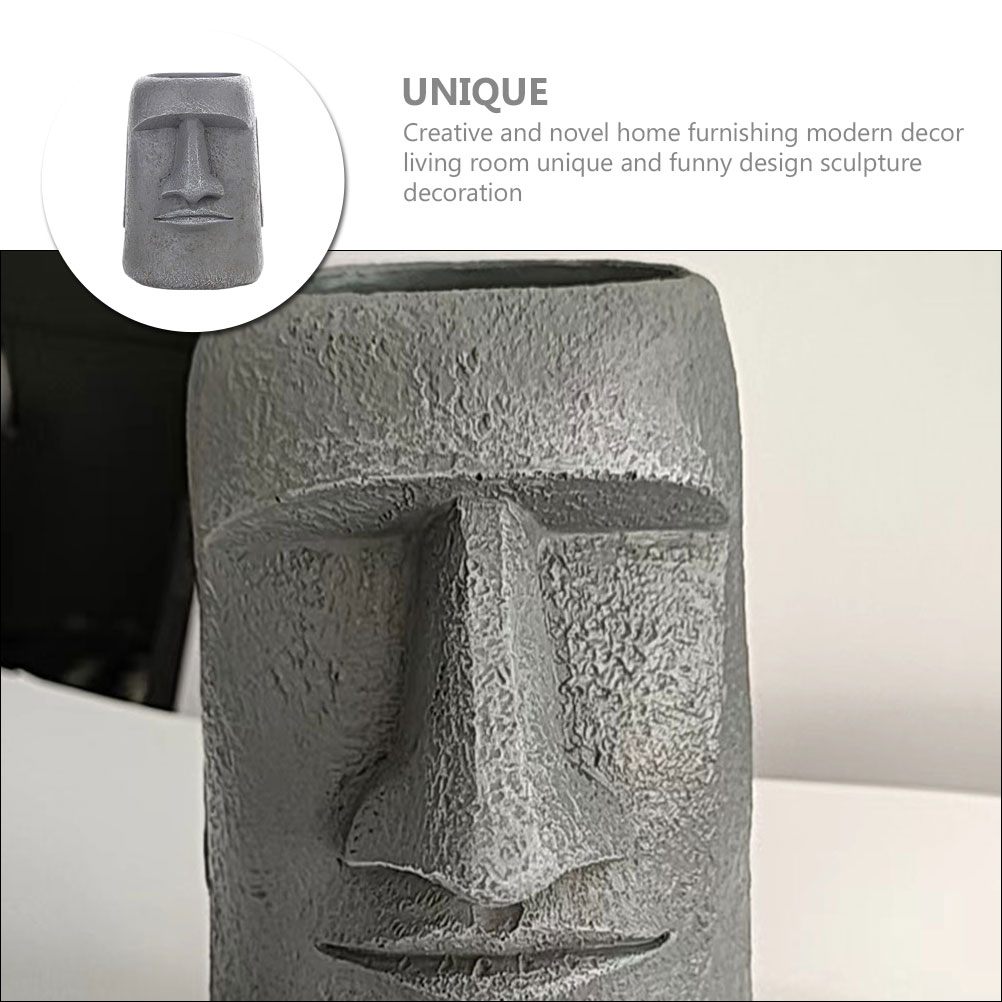 OUNONA Face Heads Easter Island Statue Flower Pot Office 25.5x19.5cm Dark Grey