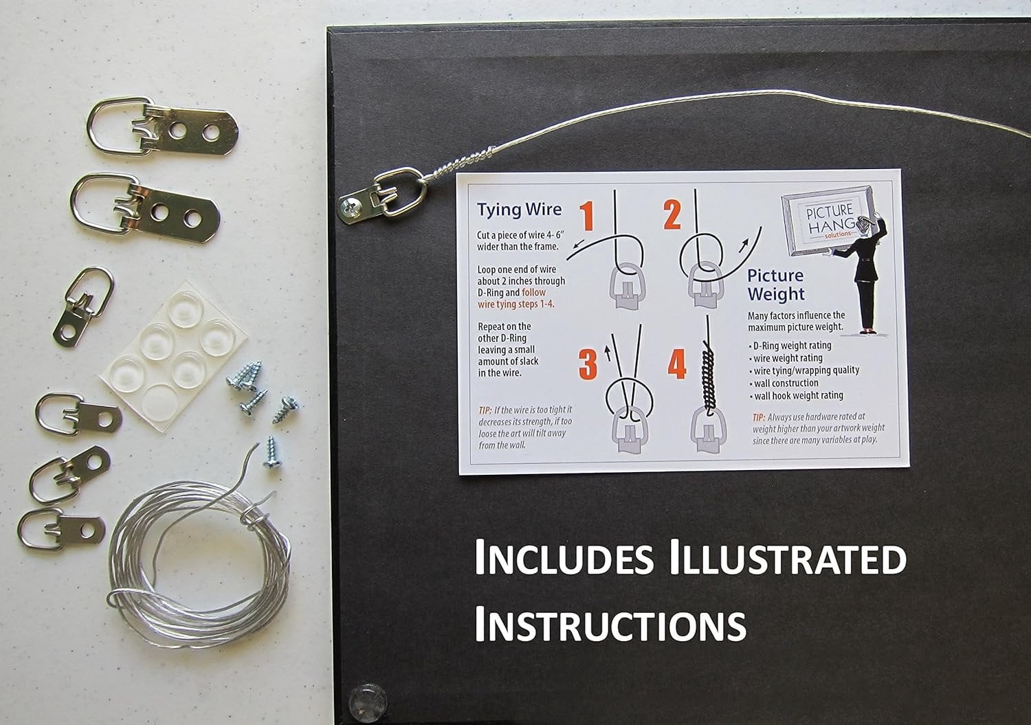 Picture Hang Solutions - Picture Hanging Kit - Includes D-rings, Picture Wire, and Bumpers (Hangs 50 frames)