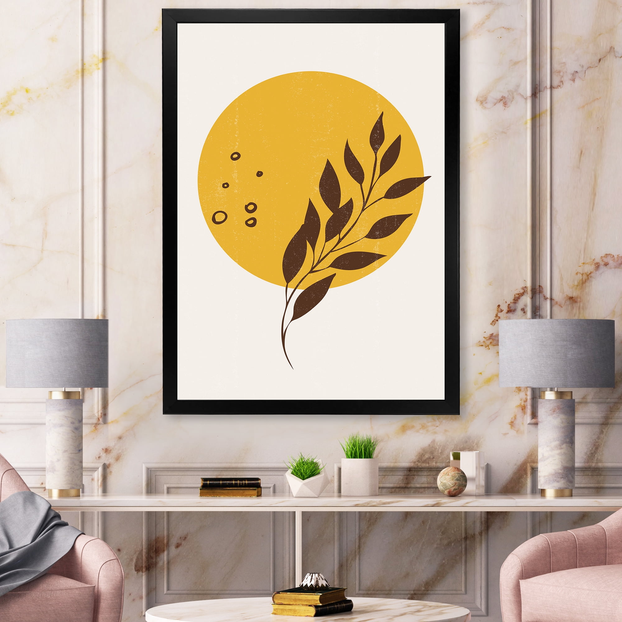 Designart 'Abstract Moon and Yellow Sun With Tropical Leaf II' Modern Framed Art Print