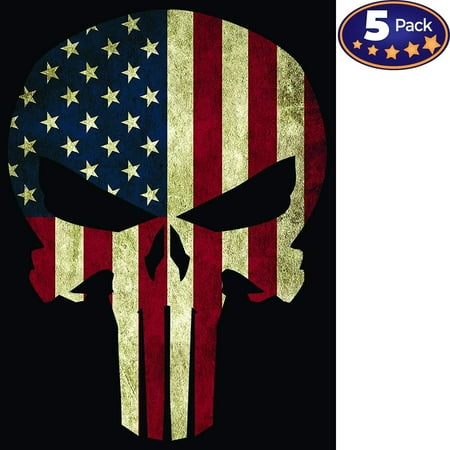 Pack Laser Stickers Flag Design - American Flag Punisher Skull Bumper Sticker 5 Pack, Made In The USA. Strong Vinyl 4x6 Inch Stickers for Toolboxes, Ammo Cans, Windows, Cars, Trucks, Motorcycles & More. Great Gift for Hard Workers.