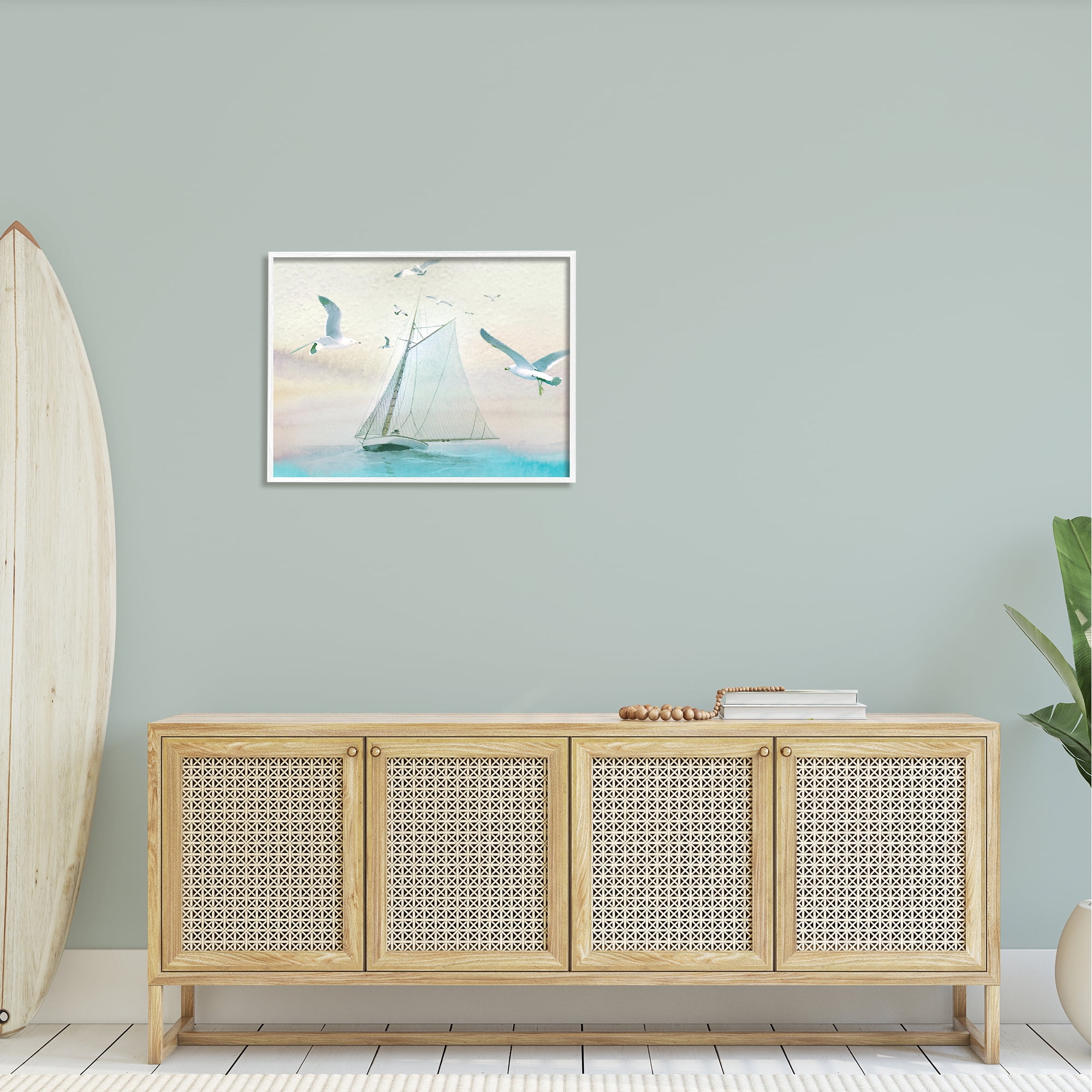 Stupell Seagulls Flying Ocean Sailboat Landscape Painting White Framed Art Print Wall Art