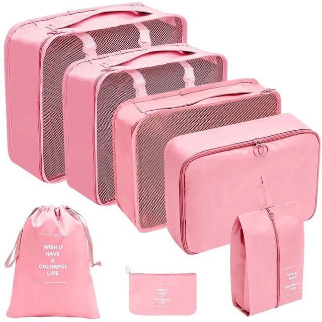 7Pcs Set Travel Organizer Storage Bags Suitcase Packing Cubes Set Cases Portable Luggage Clothes Shoe Tidy Pouch Fold 7pcs Pink