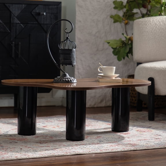 Noble House Alvion Modern Cloud-Shaped Coffee Table with Cylindrical Legs, for Living Room, Black & Natural Wood
