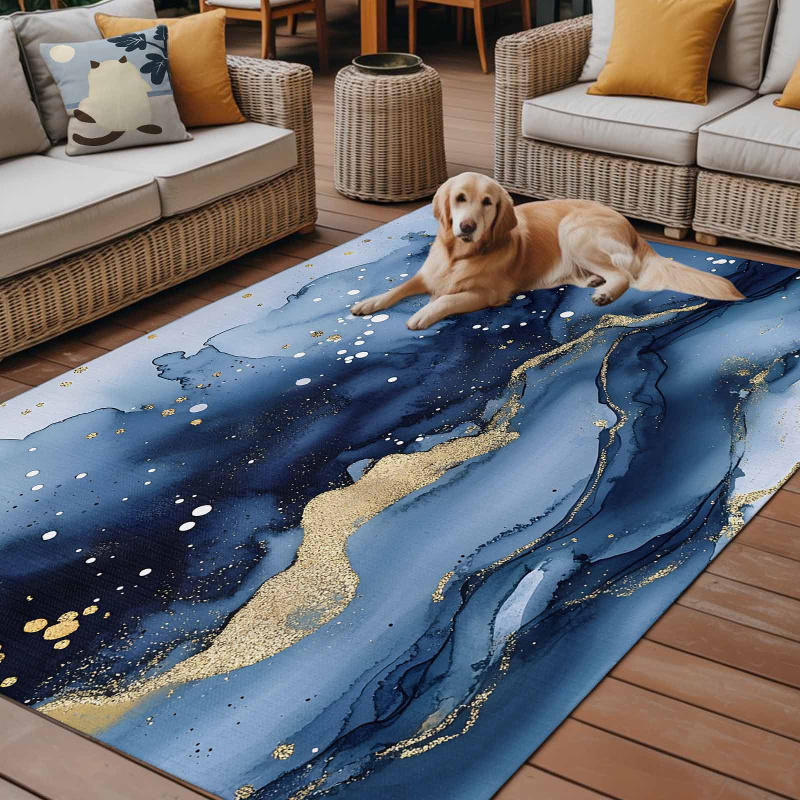 Outdoor Rug 5x8ft Ombre Blue Golden Marble Texture Large Area Rug Abstract Art Indoor Outdoor Carpet Outdoor Rugs Mats for Patio Camping,RV,Front Door, Outside Decor