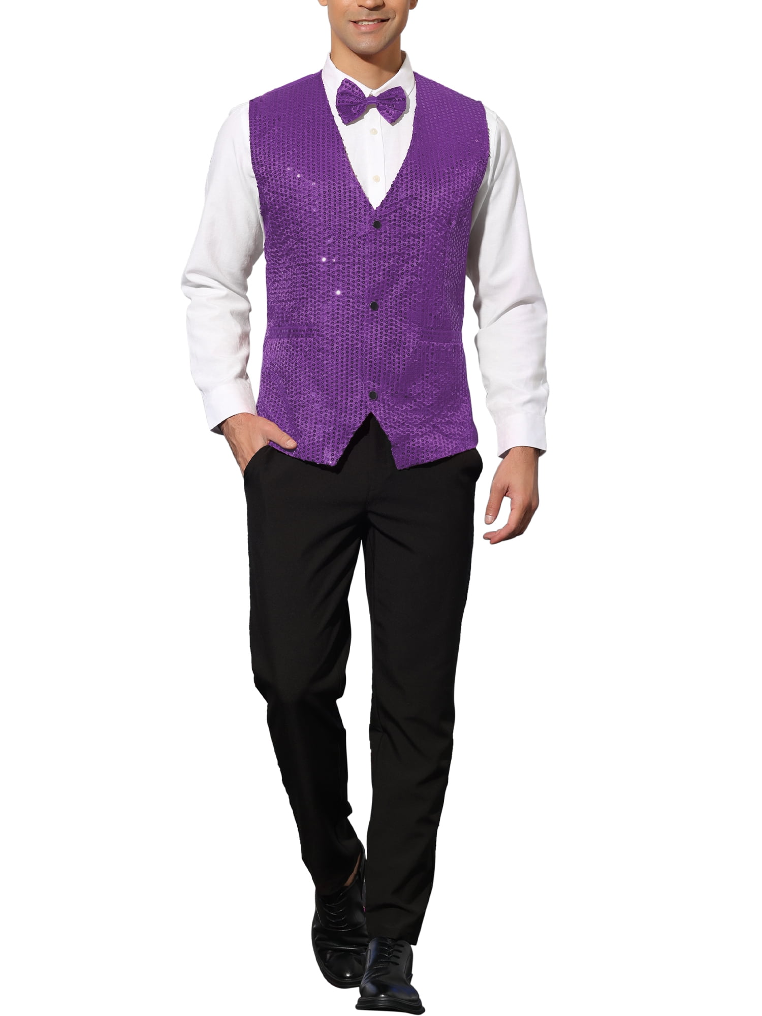 Unique Bargains Men's Sequin Waistcoat Sleeveless Dress Suit Vest with Bow Tie L Purple