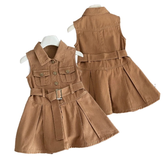 LYMAYTER ‌‌‌‌‌‌‌2-10Y Toddler Girls Baby Denim Shirt Dress Collared Neck Sleeveless Button Up Belted A-Line Swing
